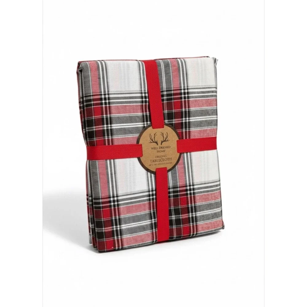 Well Dressed Home Oblong Plaid Tablecloth - Red, Black, White 60” x 104”